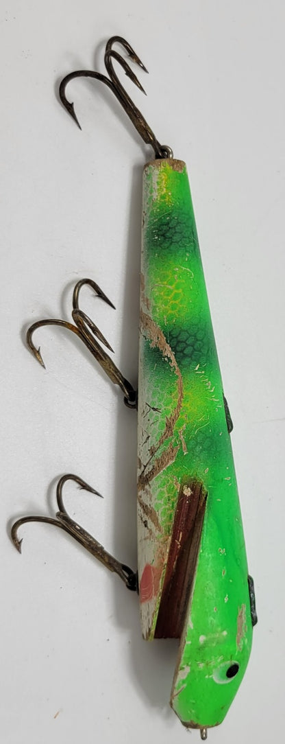 LARGE WOODEN 3 HOOK FISHING LURE  - GREEN, YELLOW, WHITE AND RED - BLACK EYES