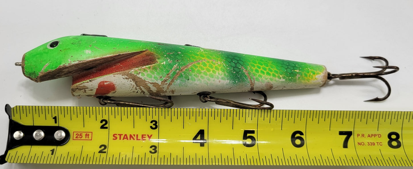 LARGE WOODEN 3 HOOK FISHING LURE  - GREEN, YELLOW, WHITE AND RED - BLACK EYES