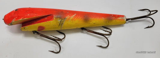 LARGE 10" WOODEN ORANGE AND YELLOW FISHING LURE WITH BLACK EYES AND 3 HOOKS