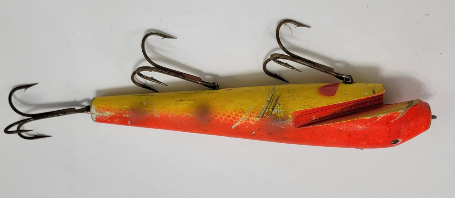 LARGE 10" WOODEN ORANGE AND YELLOW FISHING LURE WITH BLACK EYES AND 3 HOOKS