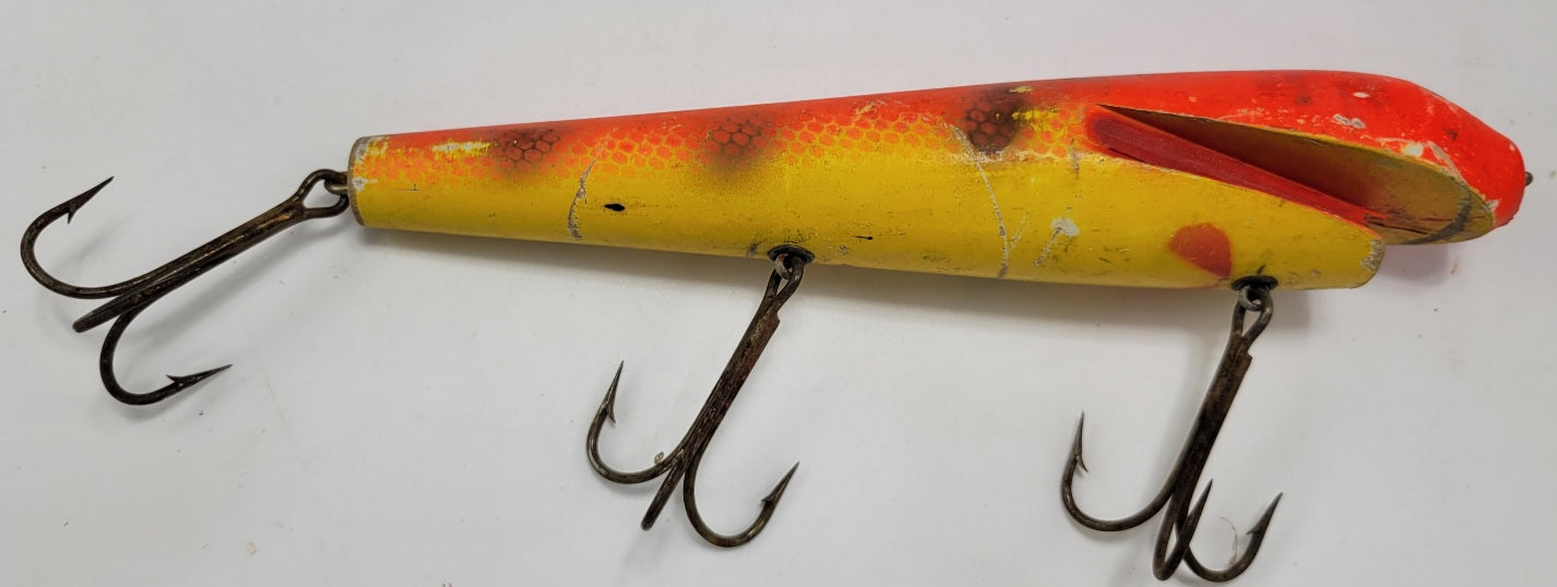 LARGE 10" WOODEN ORANGE AND YELLOW FISHING LURE WITH BLACK EYES AND 3 HOOKS