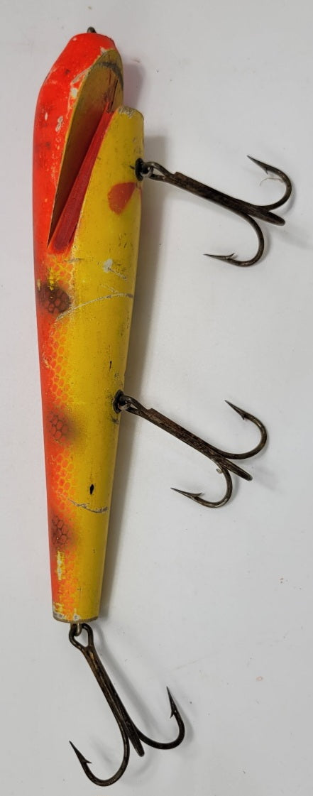 LARGE 10" WOODEN ORANGE AND YELLOW FISHING LURE WITH BLACK EYES AND 3 HOOKS