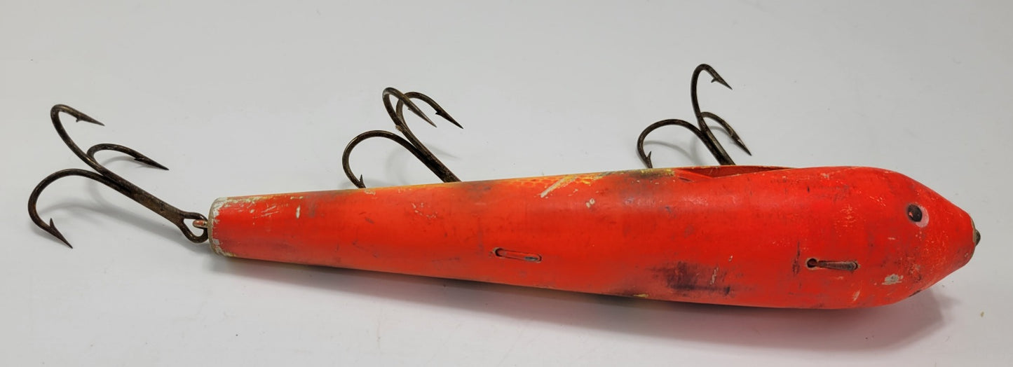 LARGE 10" WOODEN ORANGE AND YELLOW FISHING LURE WITH BLACK EYES AND 3 HOOKS