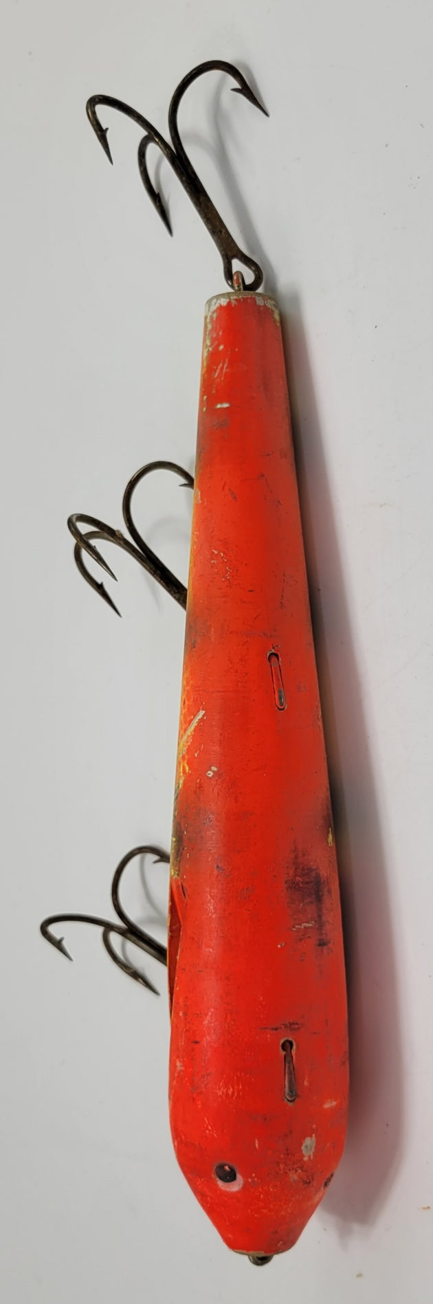 LARGE 10" WOODEN ORANGE AND YELLOW FISHING LURE WITH BLACK EYES AND 3 HOOKS