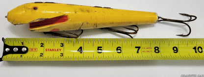 LARGE 10" YELLOW AND ORANGE 3 HOOK WOODEN FISHING LURE