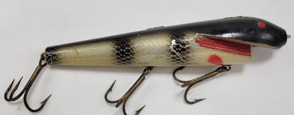 BLACK, RED, IVORY WOODEN 8" FISHING LURE WITH RED EYES AND 3 HOOKS