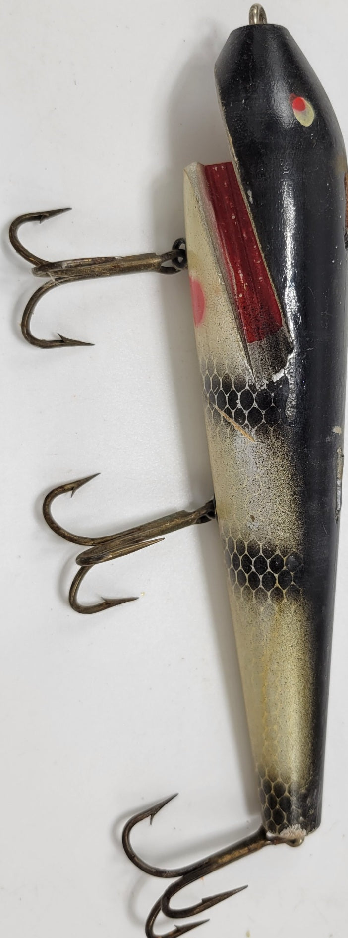 BLACK, RED, IVORY WOODEN 8" FISHING LURE WITH RED EYES AND 3 HOOKS