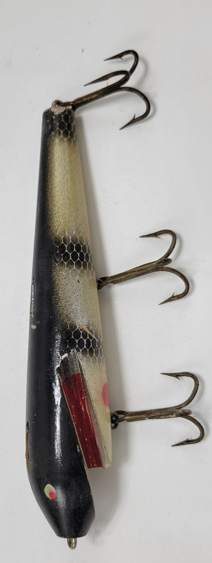 BLACK, RED, IVORY WOODEN 8" FISHING LURE WITH RED EYES AND 3 HOOKS