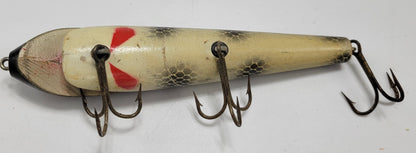 BLACK, RED, IVORY WOODEN 8" FISHING LURE WITH RED EYES AND 3 HOOKS