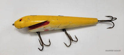 LARGE 8" WOODEN YELLOW AND RED AND OFF WHITE FISHING LURE WITH RED EYES AND 3 HOOKS