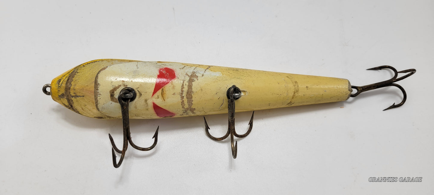 LARGE 8" WOODEN YELLOW AND RED AND OFF WHITE FISHING LURE WITH RED EYES AND 3 HOOKS