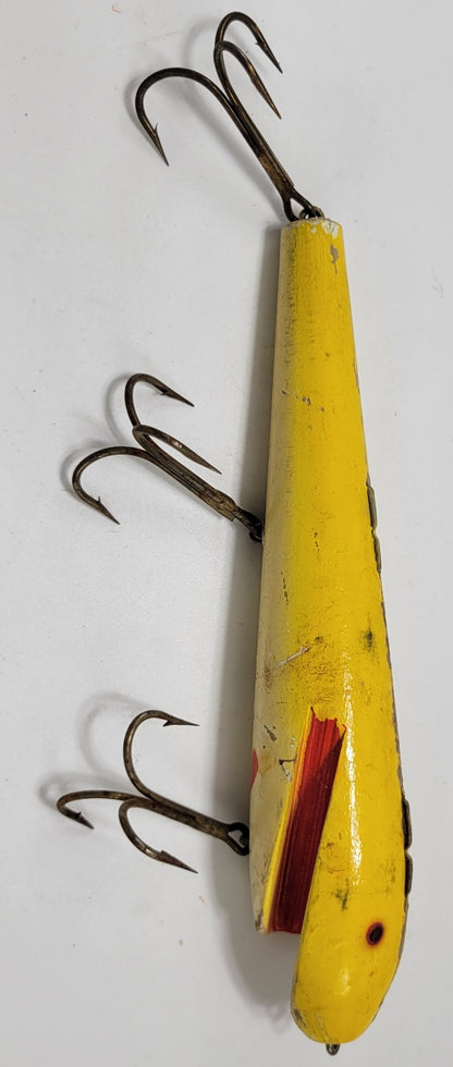 LARGE WOODED 10" YELLOW AND RED FISHING LURE WITH RED EYES AND 3 HOOKS