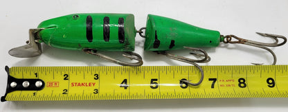 LARGE 9" WOOD GREEN AND BLACK JOINTED FISHING LURE WITH 3 HOOKS