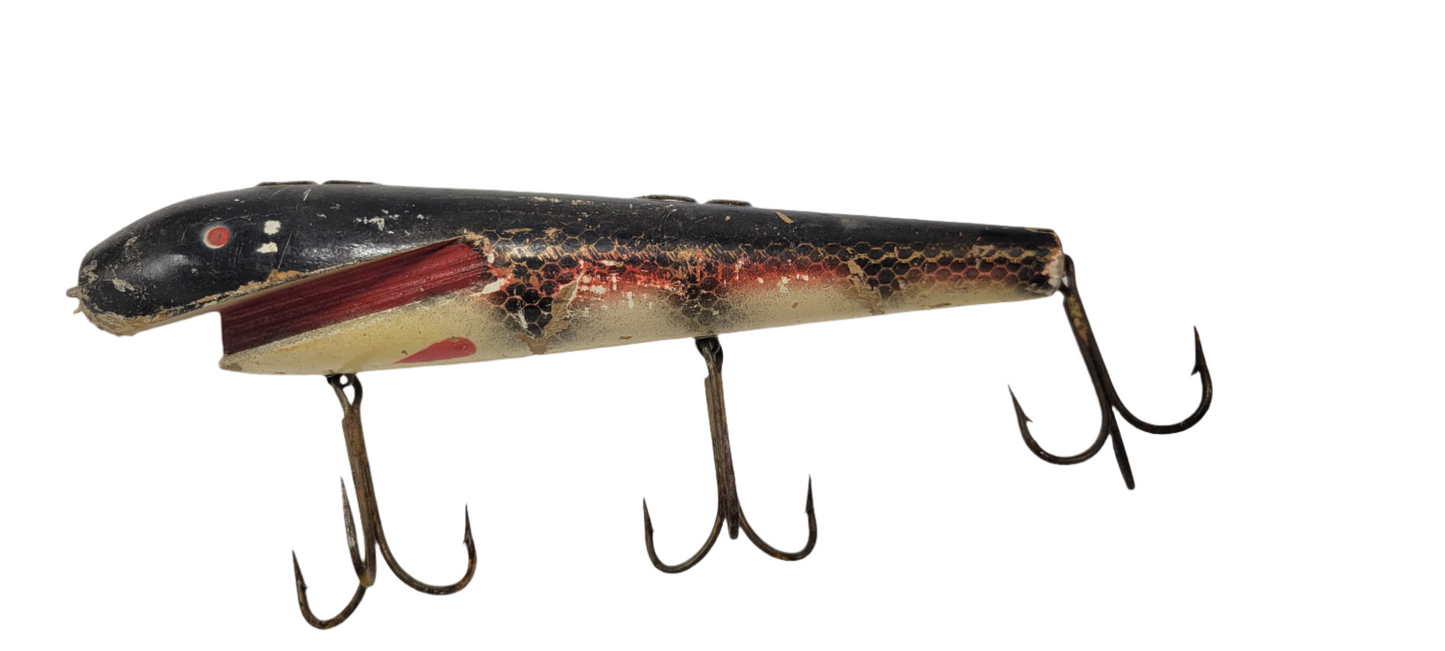 Wood Black and Red with White and Red Belly-Open Mouth - MUSKIE-SALMON-LAKE TROUT-PIKE LURE 8"