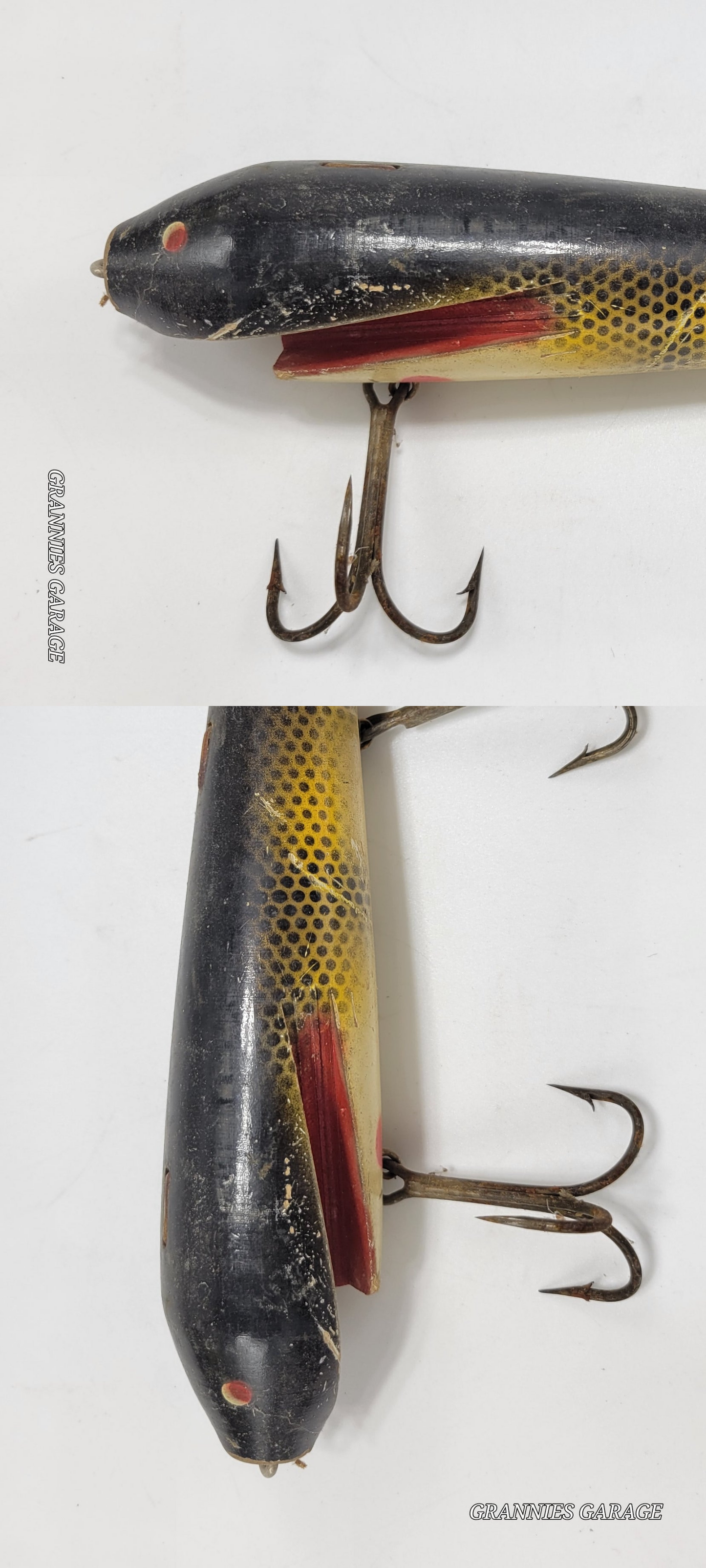 Vintage Wood Black, Yellow and Red 3 Hook 8" fishing Lure