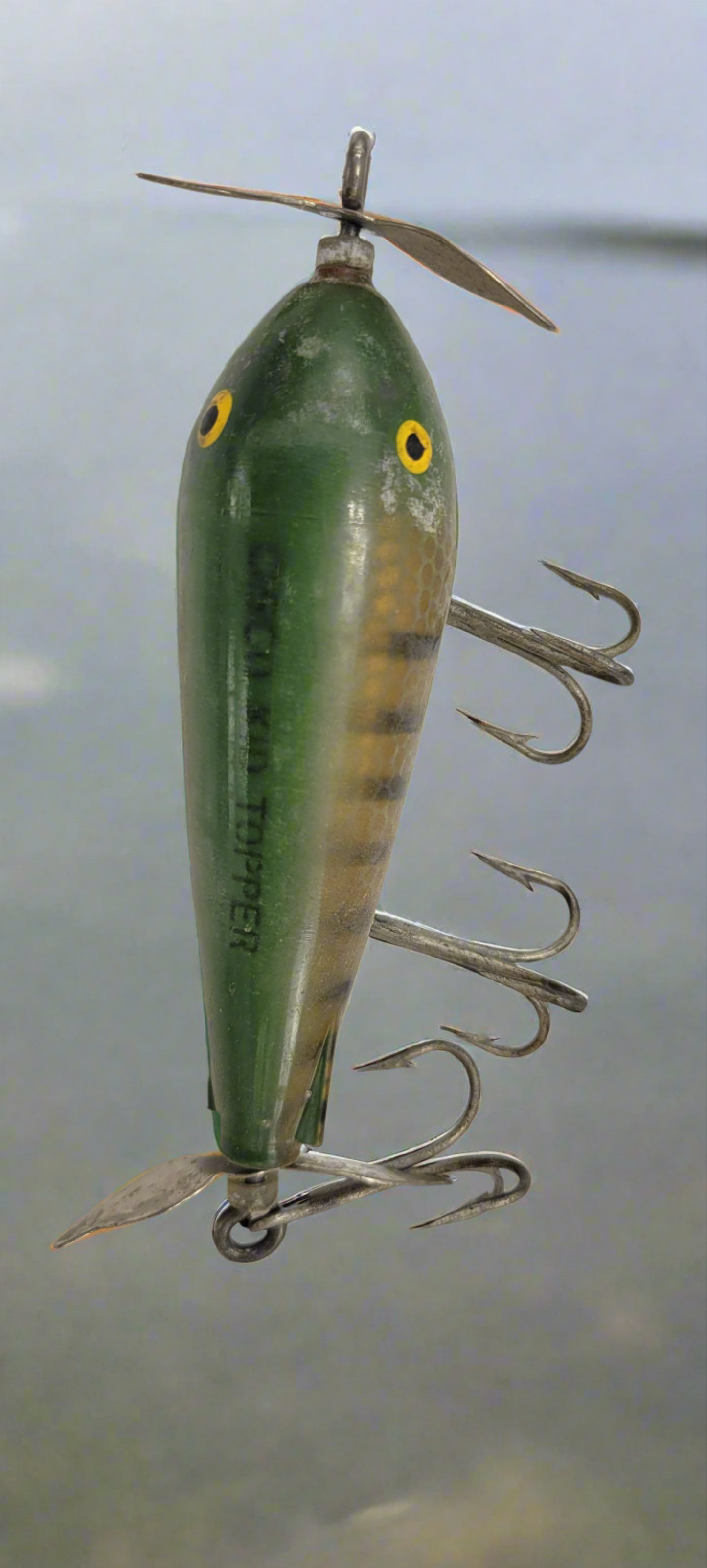 Vintage Green and Yellow. Yellow Eyes, 2 spinners "Cisco Kid Topper" 5" Lure- 3 Hooks