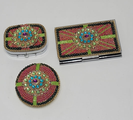 Set of Jeweled Compact Mirror, Pill Box, & Card Holder