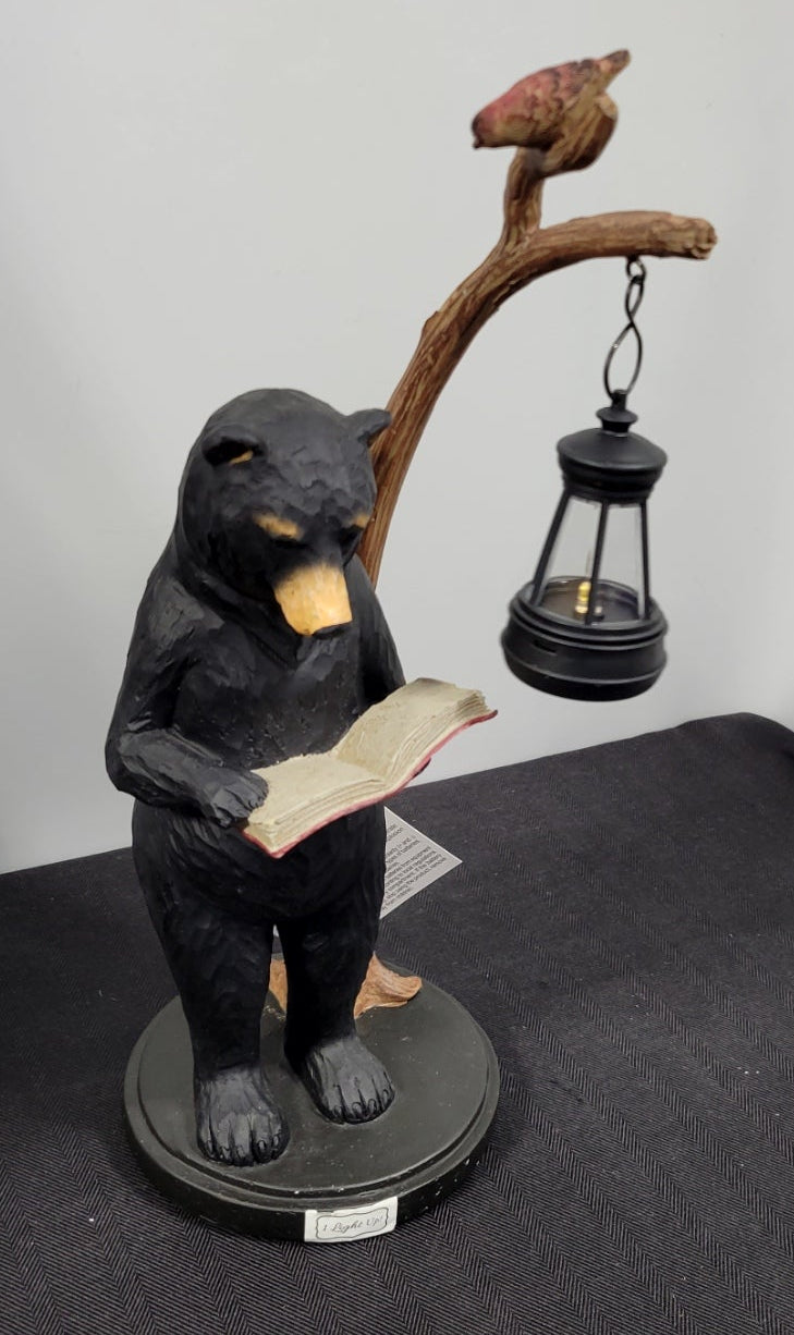 14" Standing Black Bear figurine reading by the lighted lantern. Young's Art  NEW