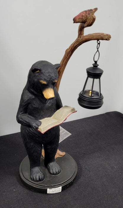 14" Standing Black Bear figurine reading by the lighted lantern. Young's Art  NEW