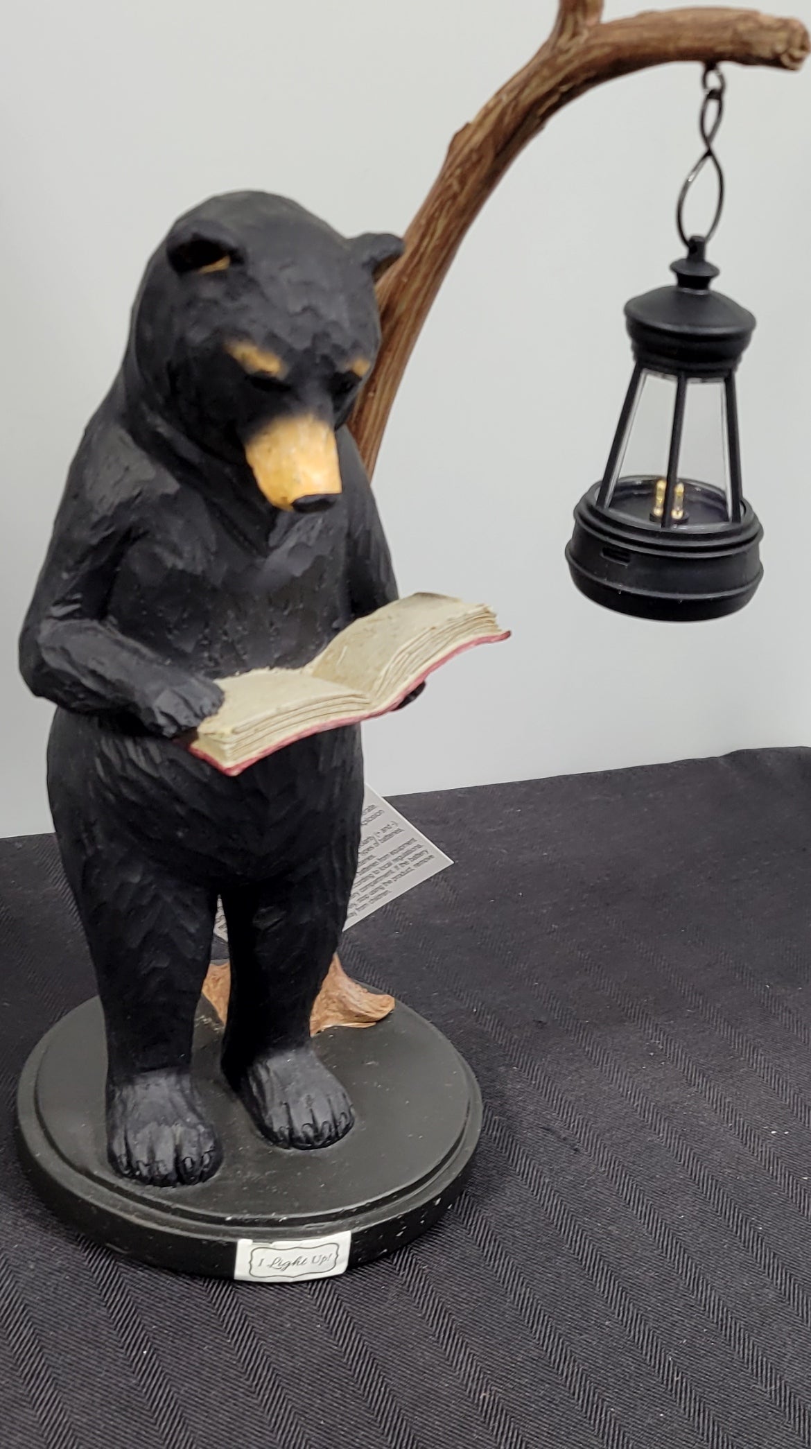 14" Standing Black Bear figurine reading by the lighted lantern. Young's Art  NEW