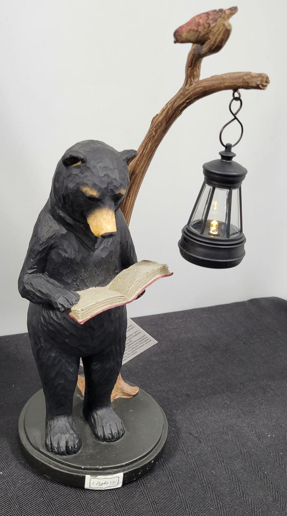 14" Standing Black Bear figurine reading by the lighted lantern. Young's Art  NEW