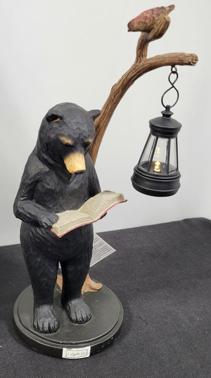 14" Standing Black Bear figurine reading by the lighted lantern. Young's Art  NEW