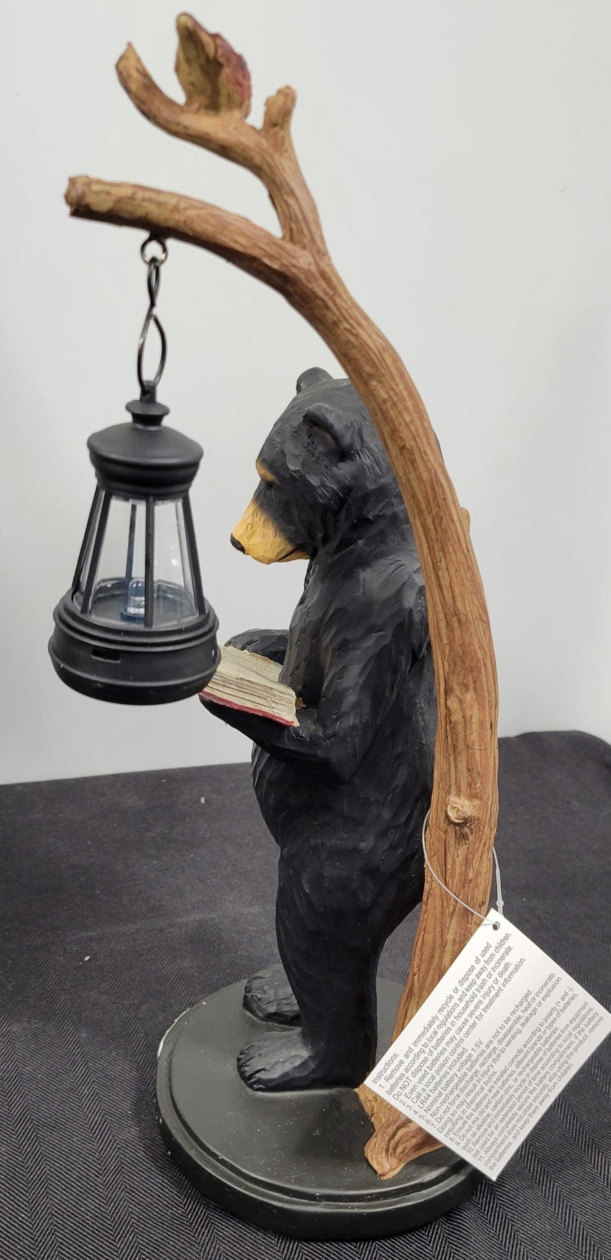14" Standing Black Bear figurine reading by the lighted lantern. Young's Art  NEW