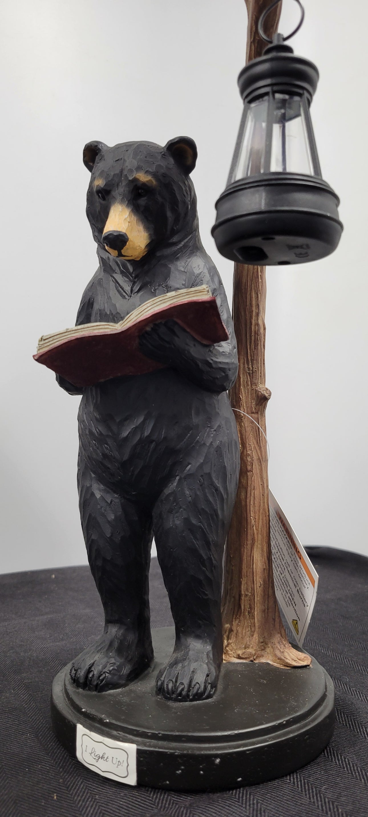 14" Standing Black Bear figurine reading by the lighted lantern. Young's Art  NEW