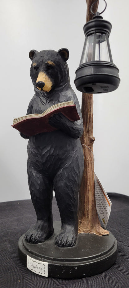14" Standing Black Bear figurine reading by the lighted lantern. Young's Art  NEW