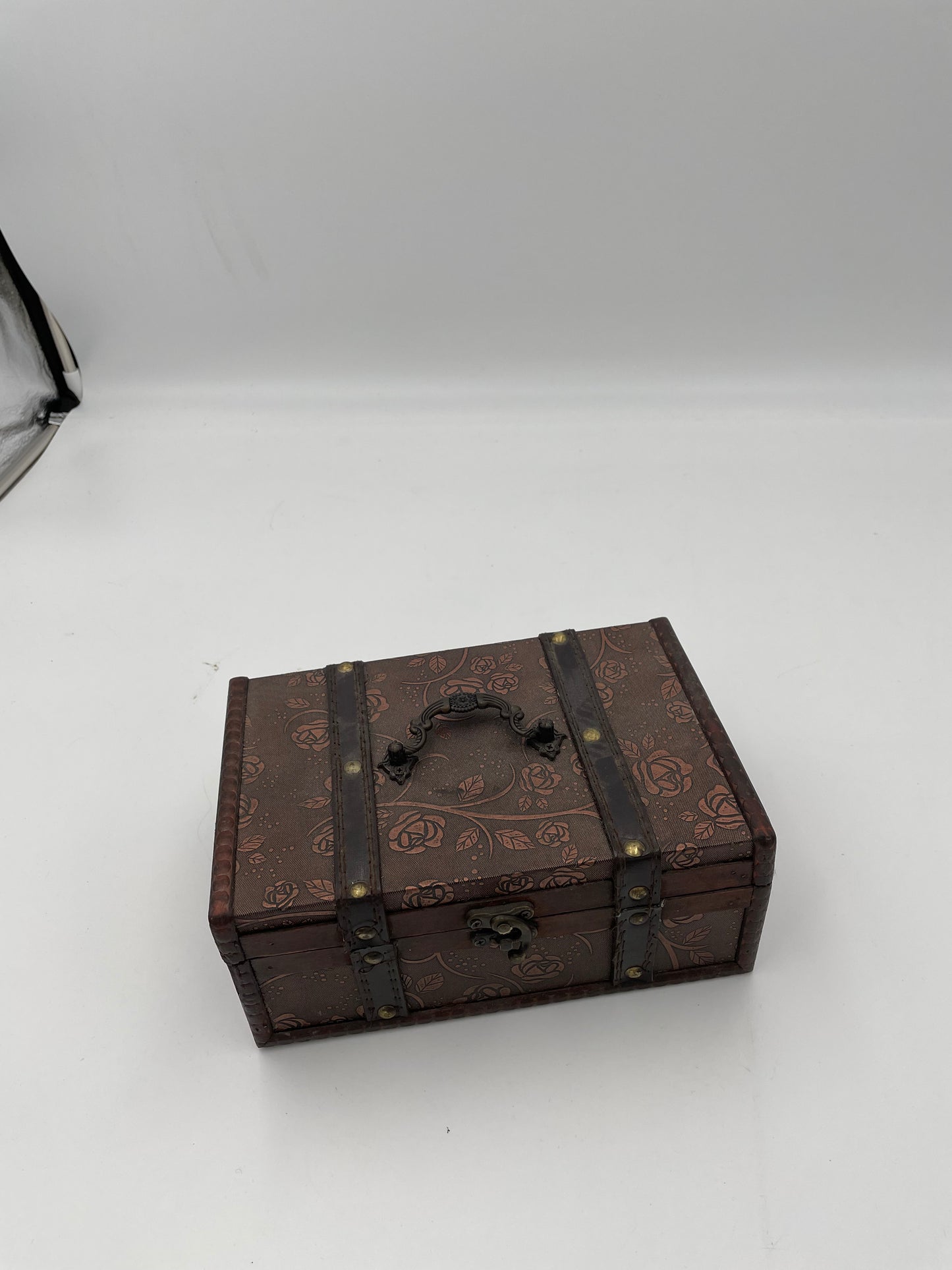 Box - Bronze Floral Fabric and Wood Trunk Small