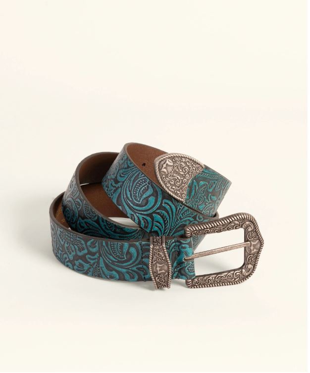 Sophia Belt- Turquoise Floral Leather