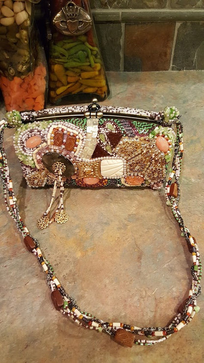 Mary Frances Hand Bag / Purse Green Ornate Retired Design