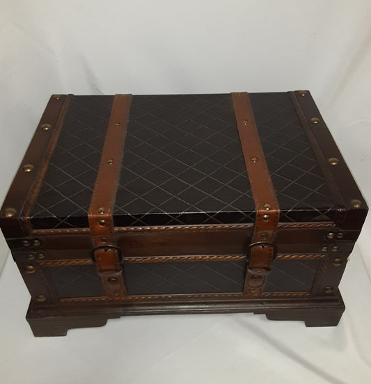 Box- Black and Brown Wood and Faux Leather Small Treasure Chest