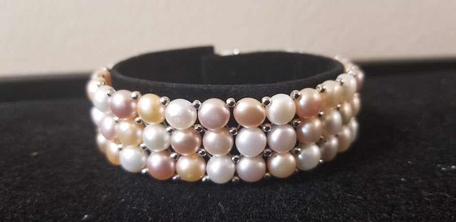 Jewelry - Sterling Silver Freshwater Cultured Pearl 3 Row Stretch Bracelet - Choice of Five Colors