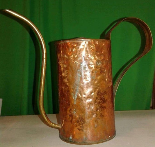 Vintage Hammered Copper and Brass Watering Can Plant Pot with Patina