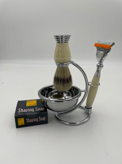 Kingsley Shave Set - Faux Ivory and Silver Handles, Soap and Stand SB-677