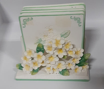 Richesco  Floral Yellow Green Coaster Set of 4 and holder